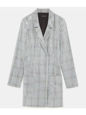 Zara Silver Sequin Plaid Long Blazer S